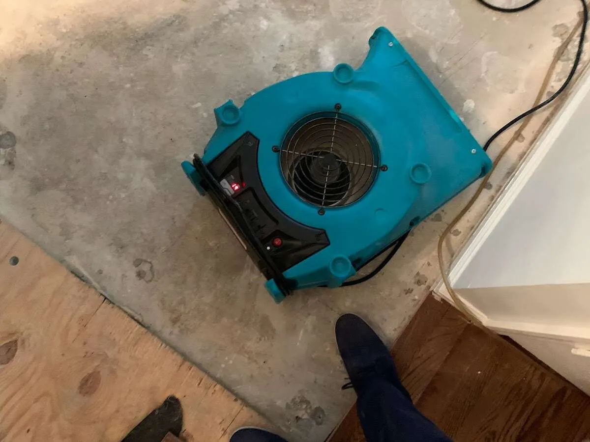 Air mover drying subfloor during Commercial Water Damage Restoration in Anna